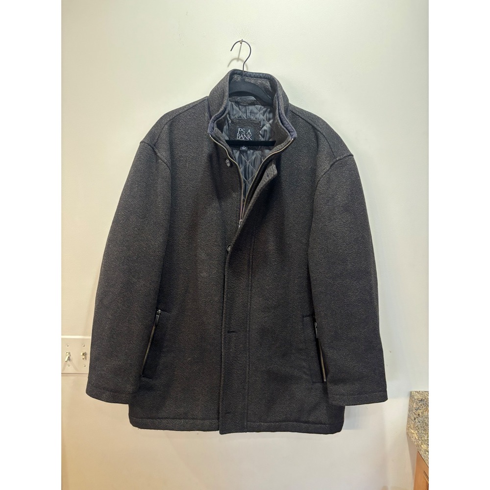 Jos A Bank Mens XL Wool Blend Zipper Button Front Car Coat Jacket Charcoal Gray